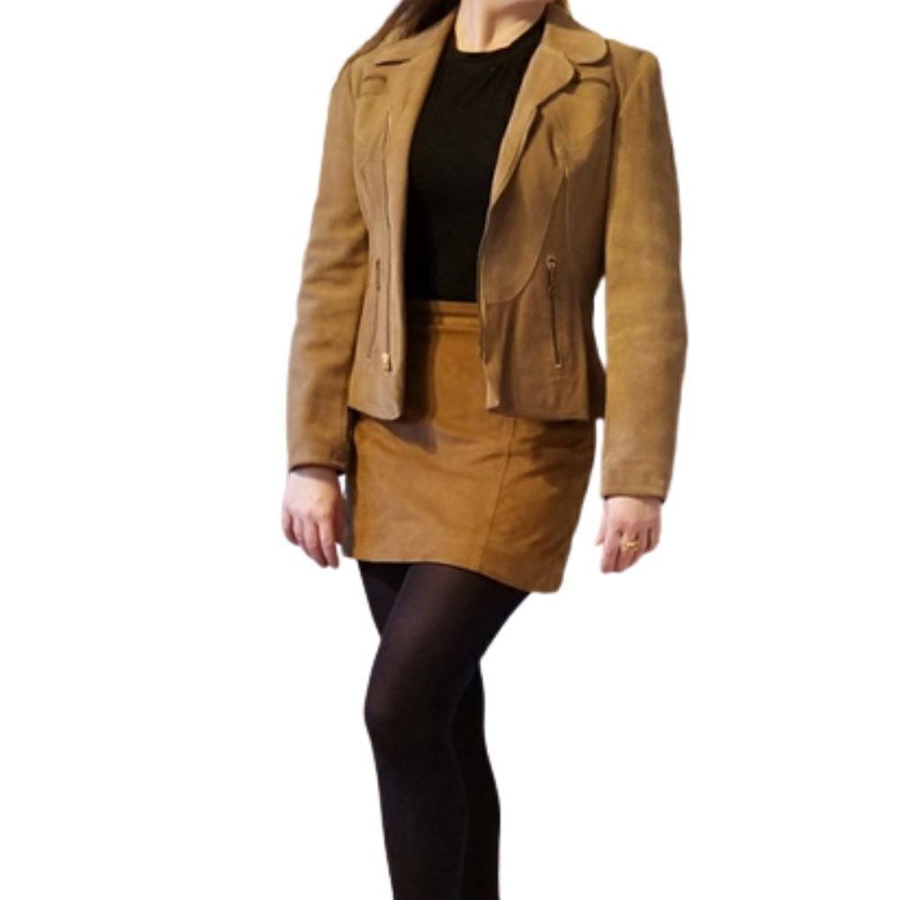 Vintage Animal Crackers Tan Suede Leather Zip Up Jacket Tailored Jacket 6/s